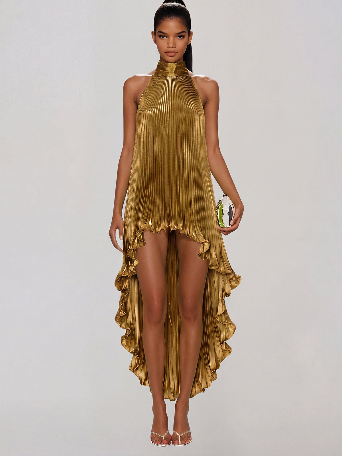 Sorynex High Neck Pleated Metallic Dress In Khaki