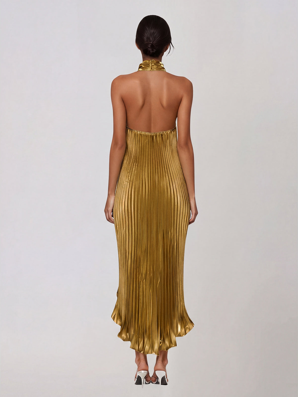 Sorynex High Neck Pleated Metallic Dress In Khaki