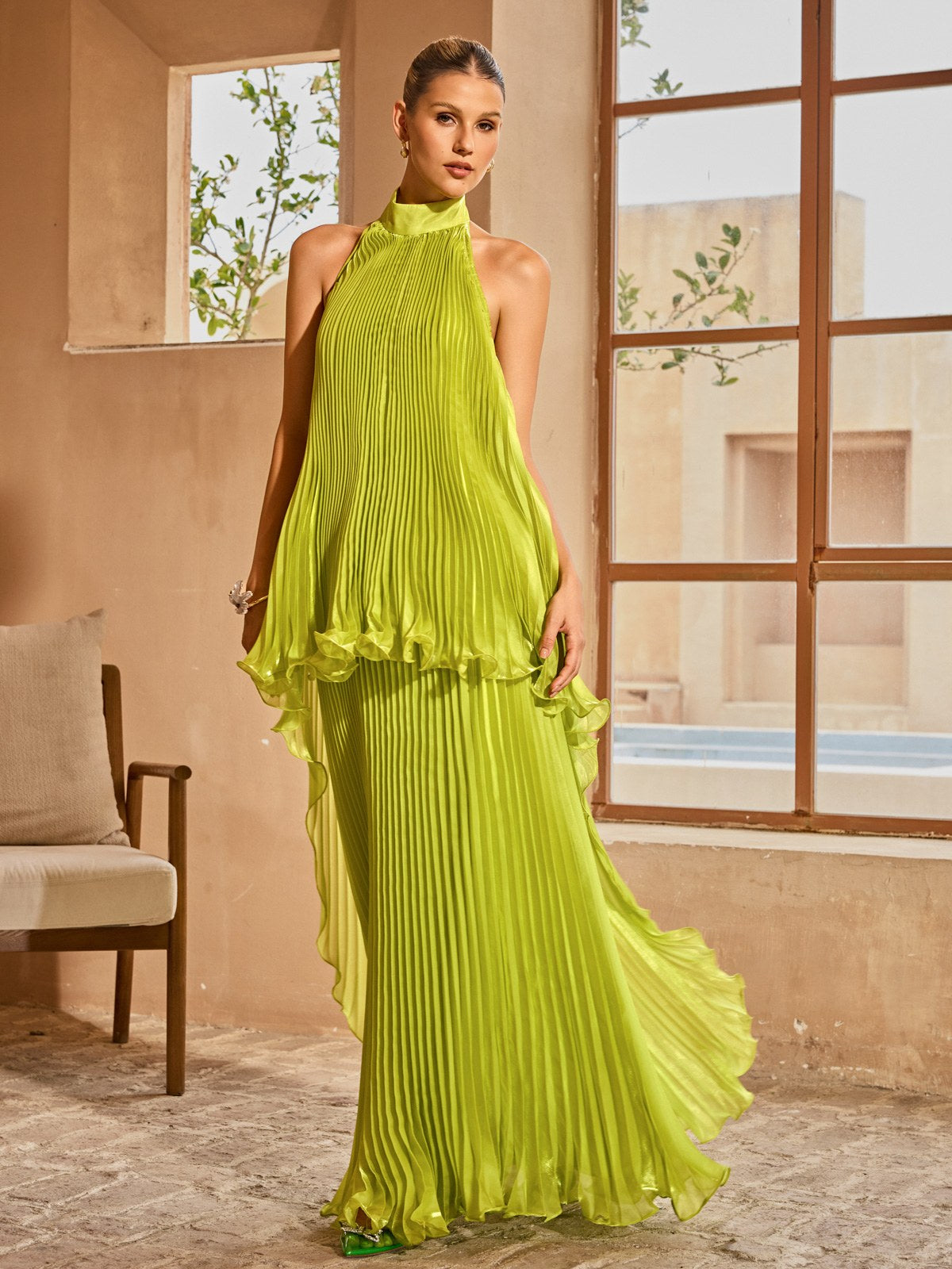 Sorynex Pleated Metallic Maxi Dress In Chartreuse