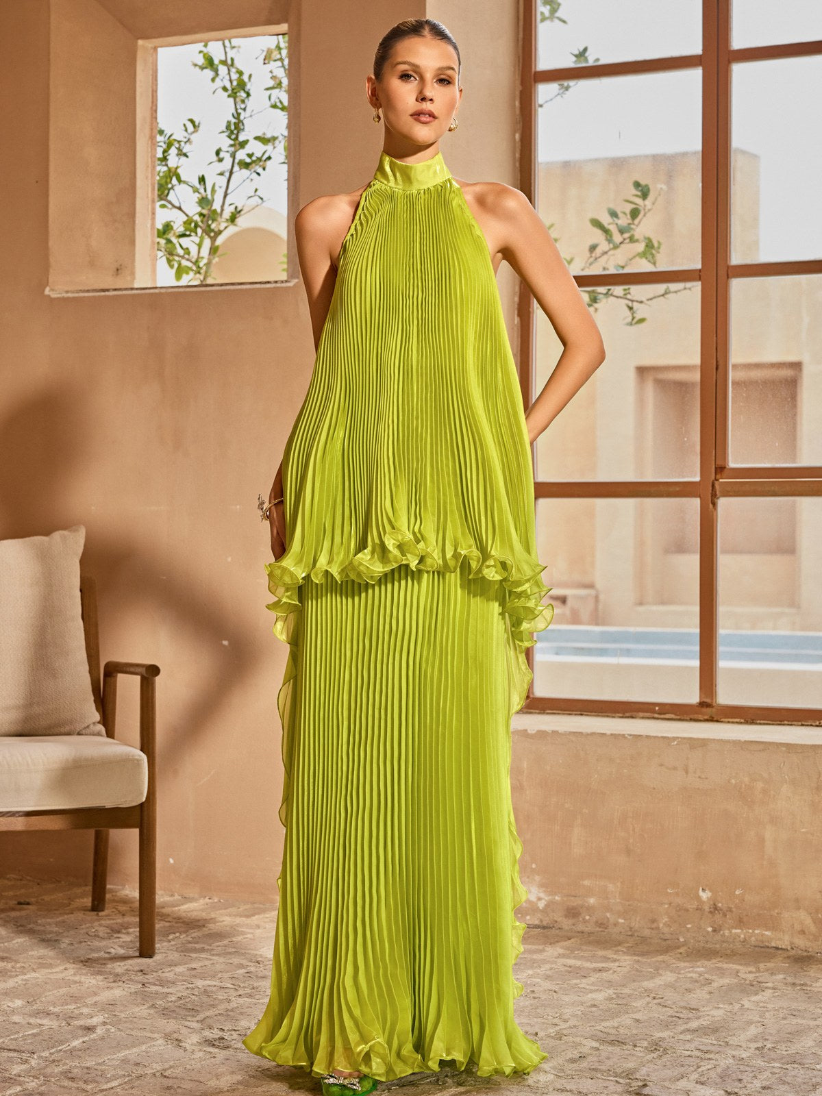Sorynex Pleated Metallic Maxi Dress In Chartreuse