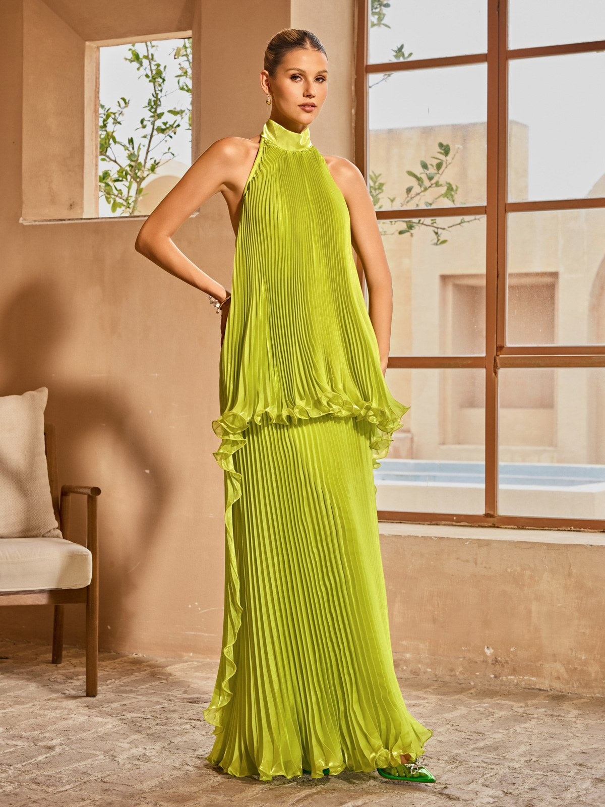 Sorynex Pleated Metallic Maxi Dress In Chartreuse