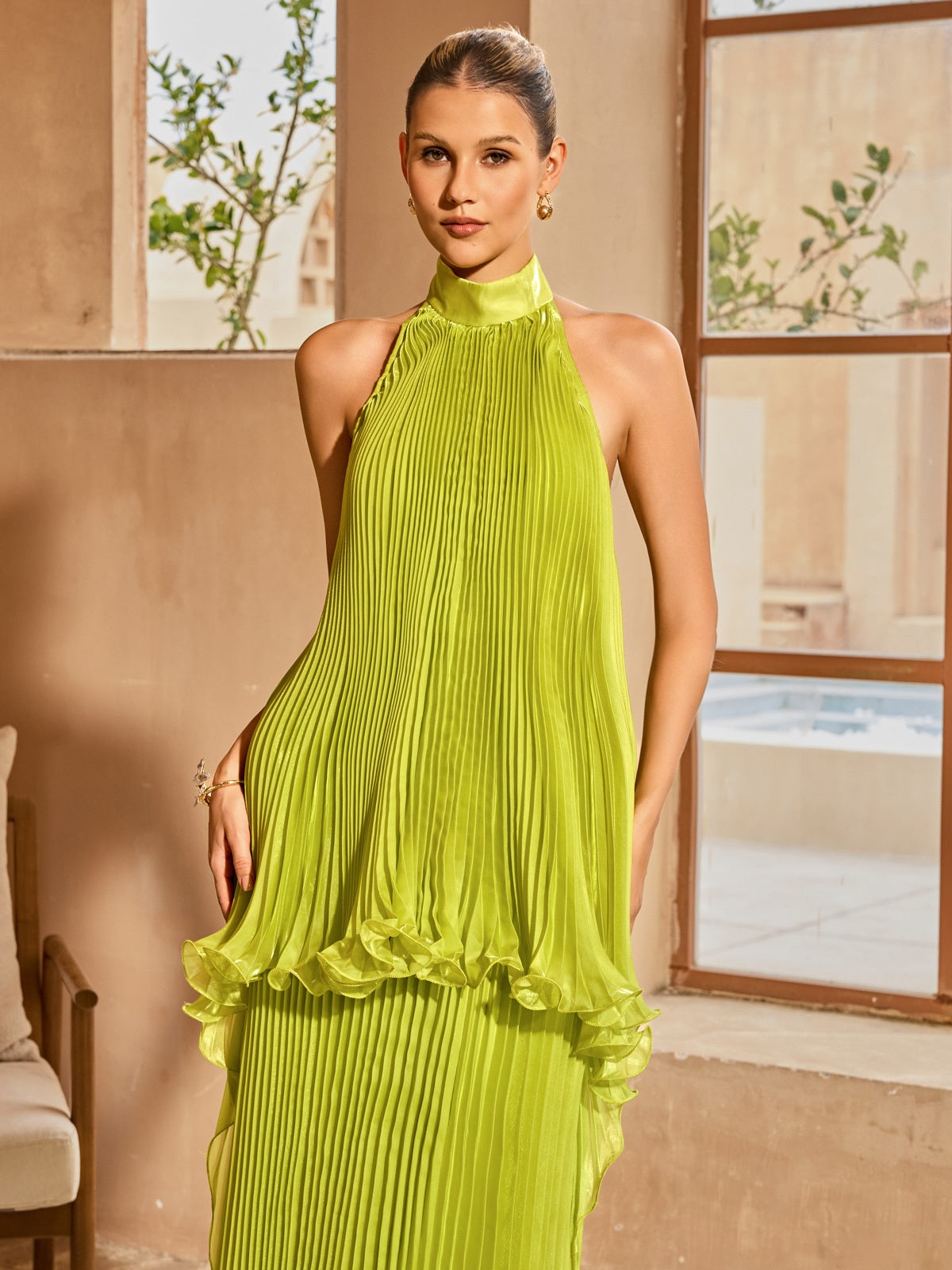 Sorynex Pleated Metallic Maxi Dress In Chartreuse