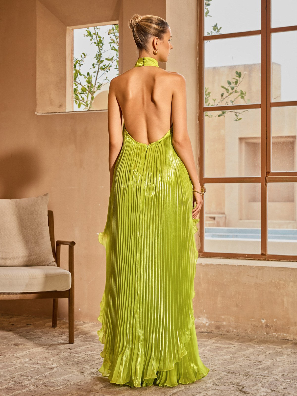 Sorynex Pleated Metallic Maxi Dress In Chartreuse