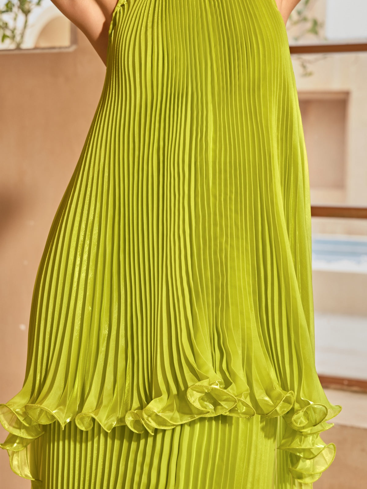 Sorynex Pleated Metallic Maxi Dress In Chartreuse