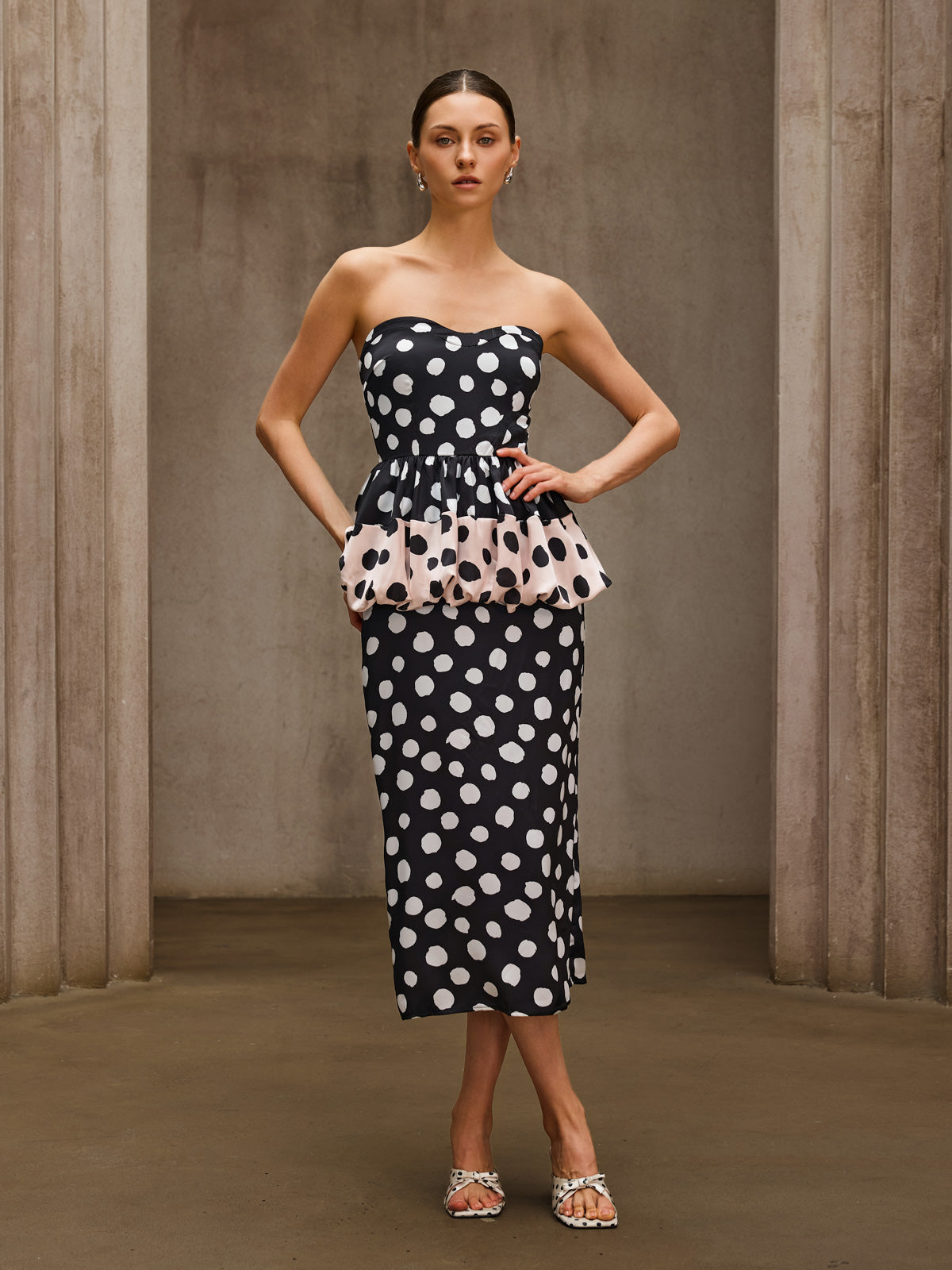 Sorynthra Strapless Dot Split Midi Dress
