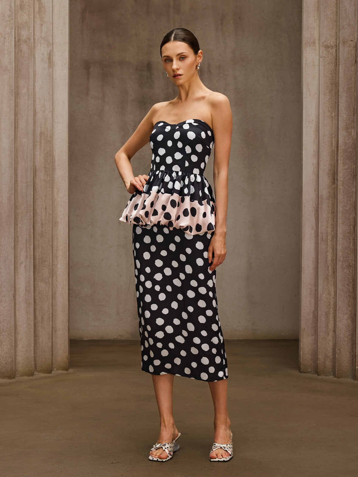 Sorynthra Strapless Dot Split Midi Dress