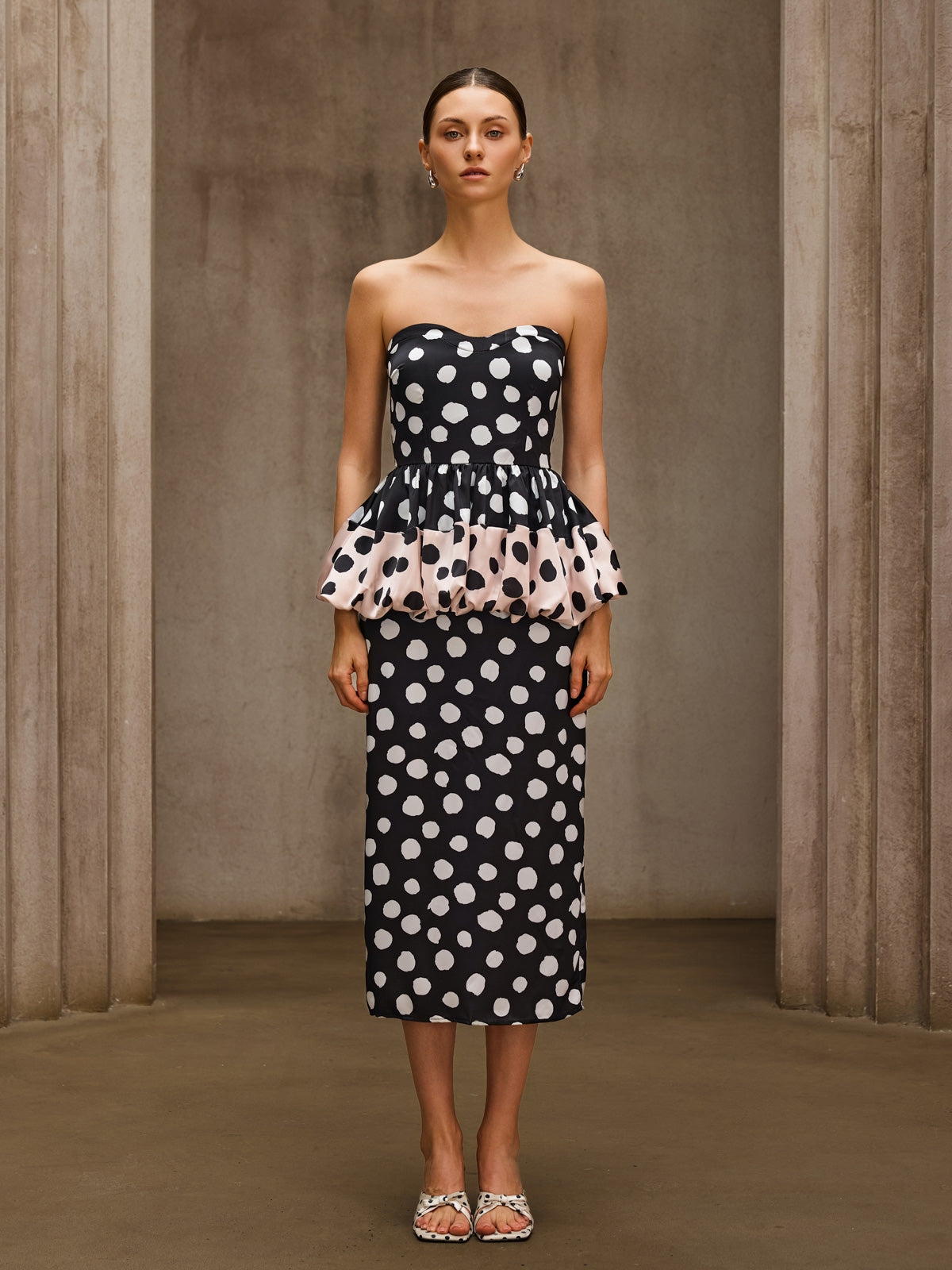 Sorynthra Strapless Dot Split Midi Dress