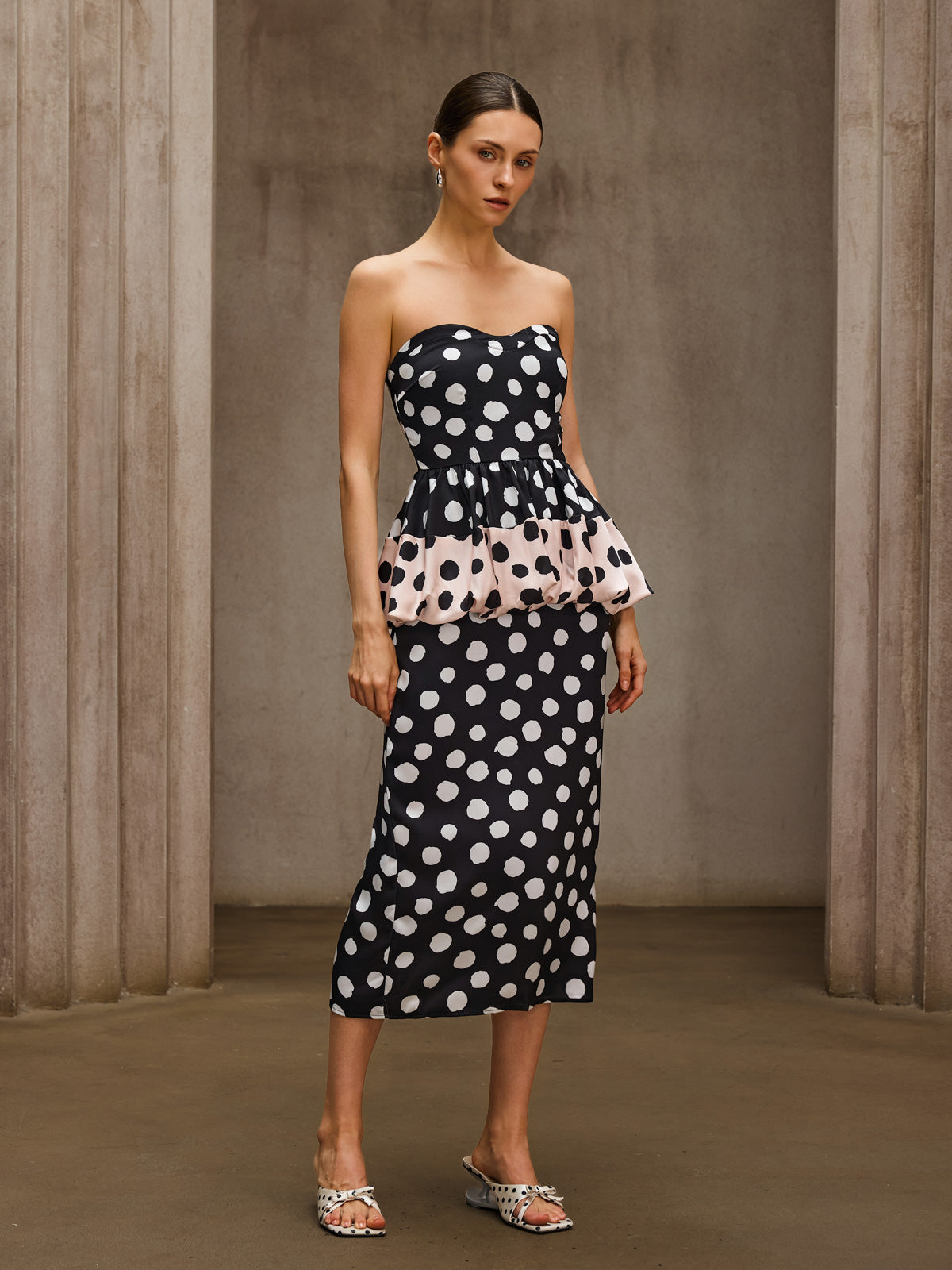 Sorynthra Strapless Dot Split Midi Dress