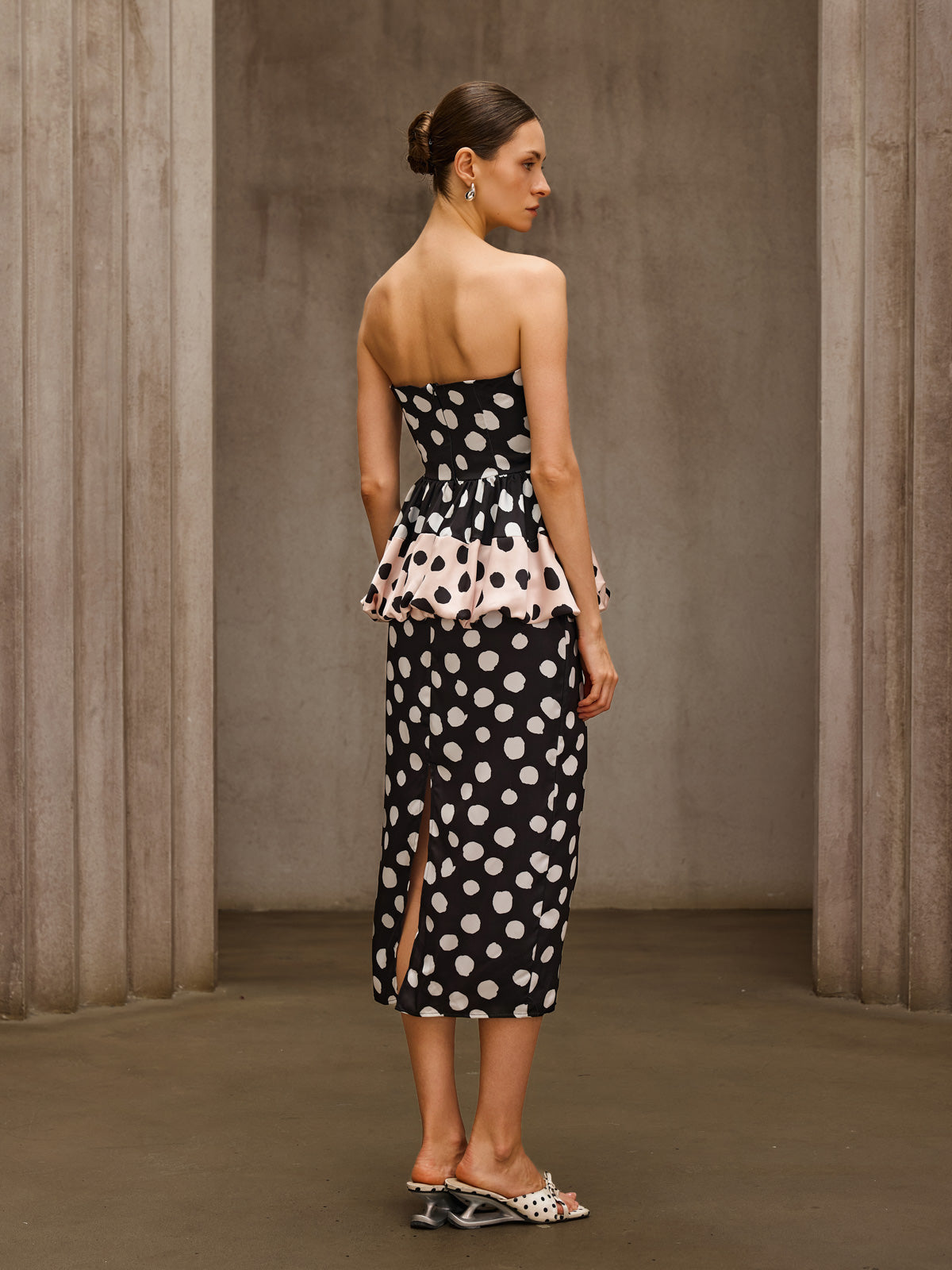 Sorynthra Strapless Dot Split Midi Dress