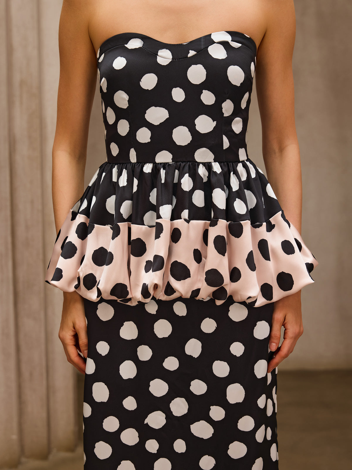 Sorynthra Strapless Dot Split Midi Dress