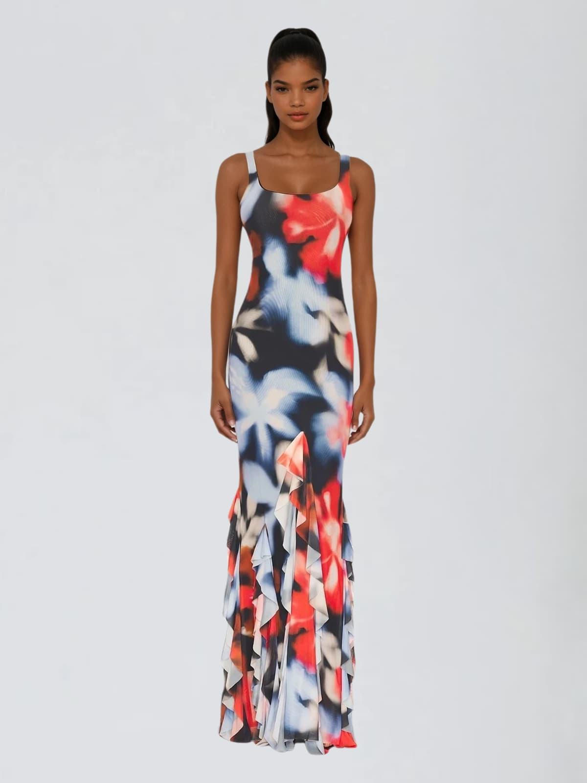 Soryvila Sleeveless Floral Ruffle Maxi Dress