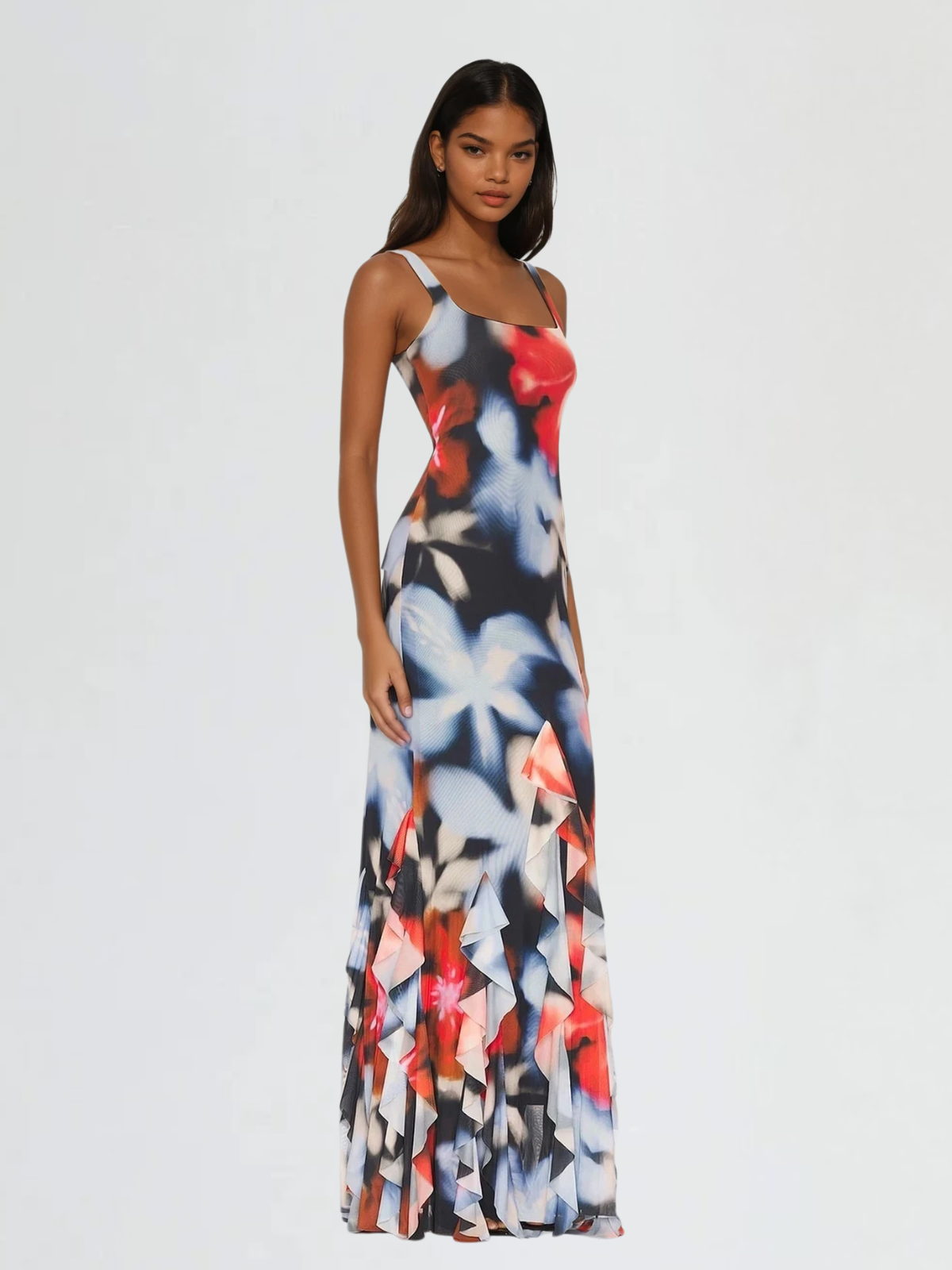 Soryvila Sleeveless Floral Ruffle Maxi Dress
