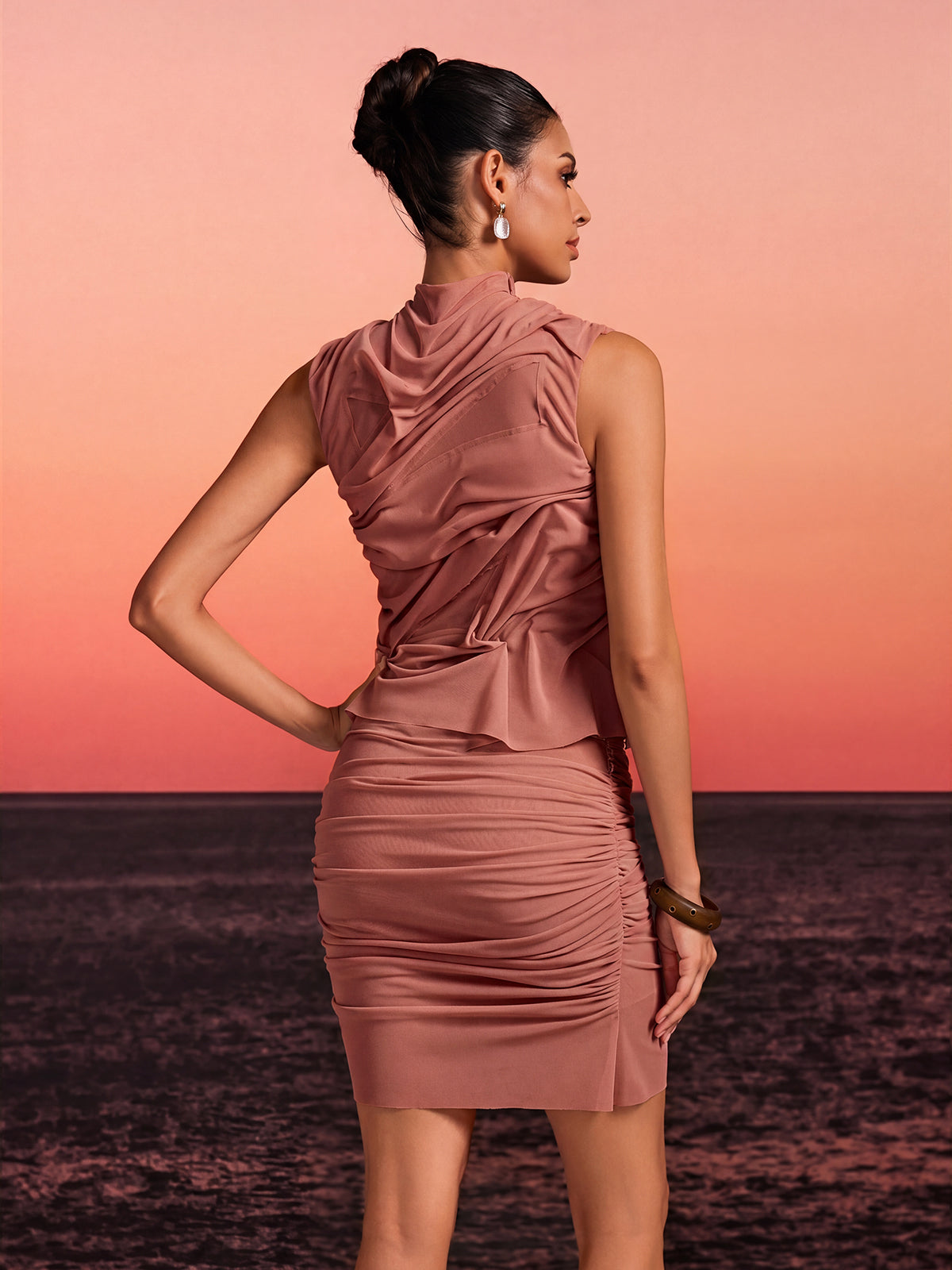 Soryxen Sleeveless Ruched Skirt Set In Blush