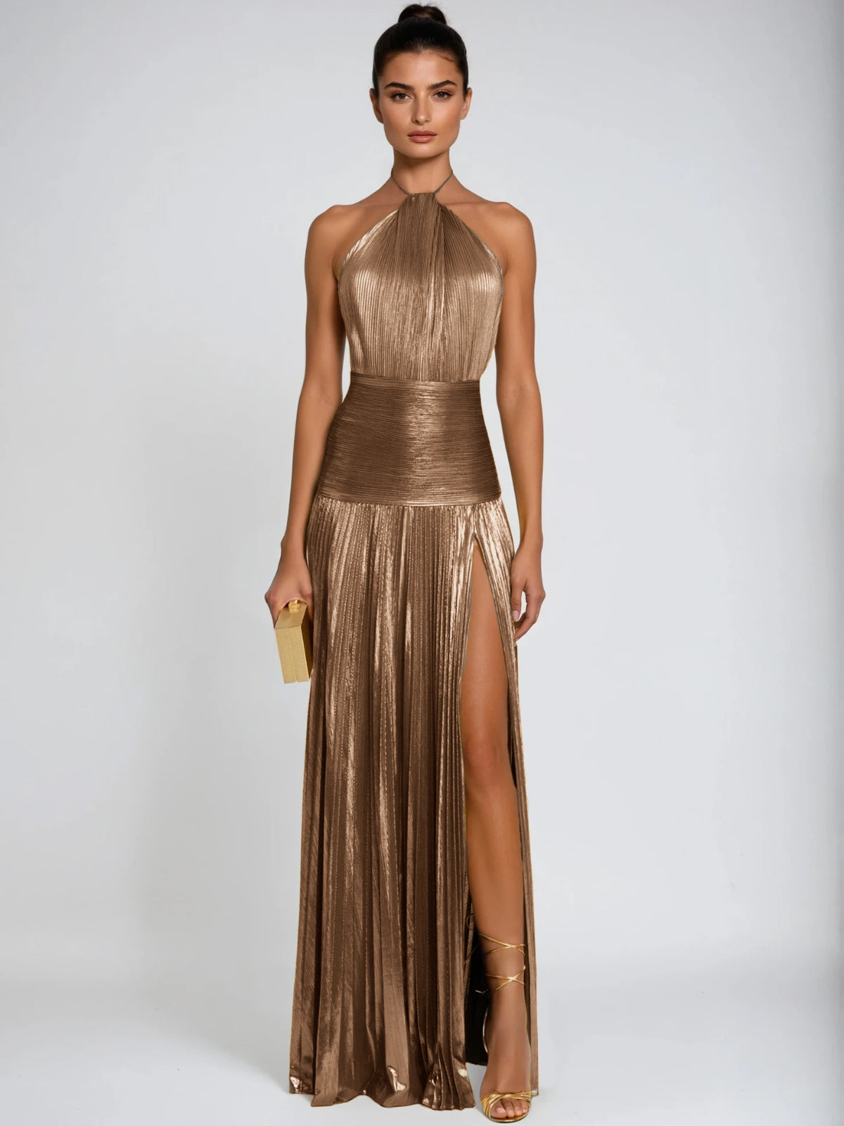 Syriona Halterneck Split Pleated Metallic Maxi Dress In Antique Gold