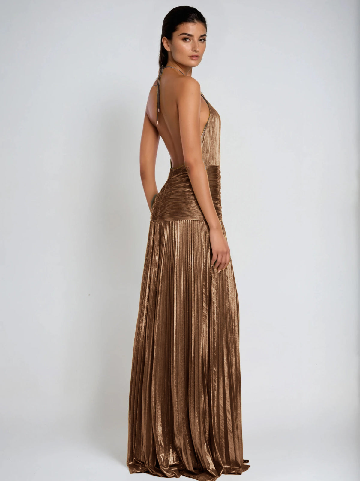 Syriona Halterneck Split Pleated Metallic Maxi Dress In Antique Gold