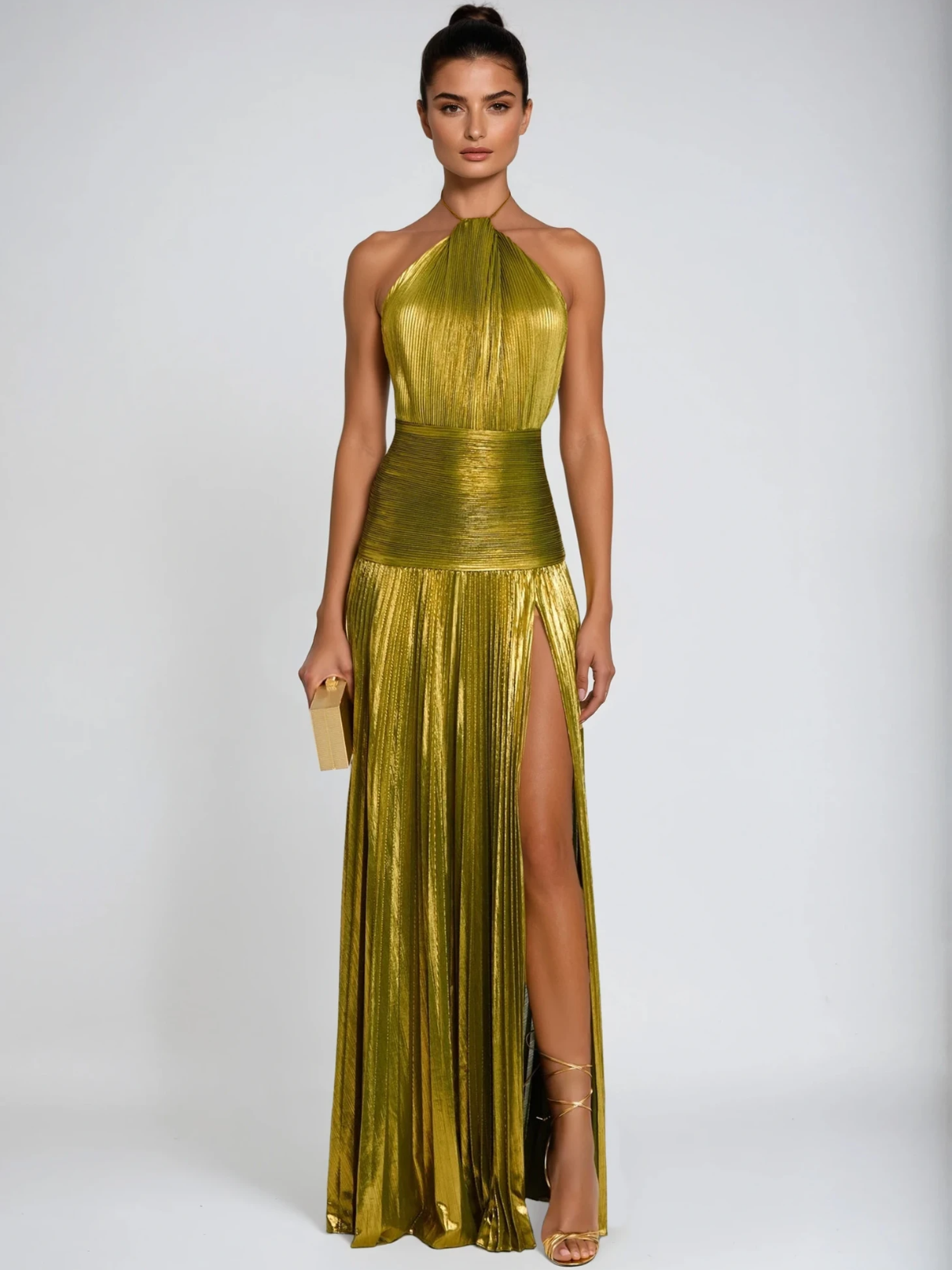 Syriona Halterneck Split Pleated Metallic Maxi Dress In Green