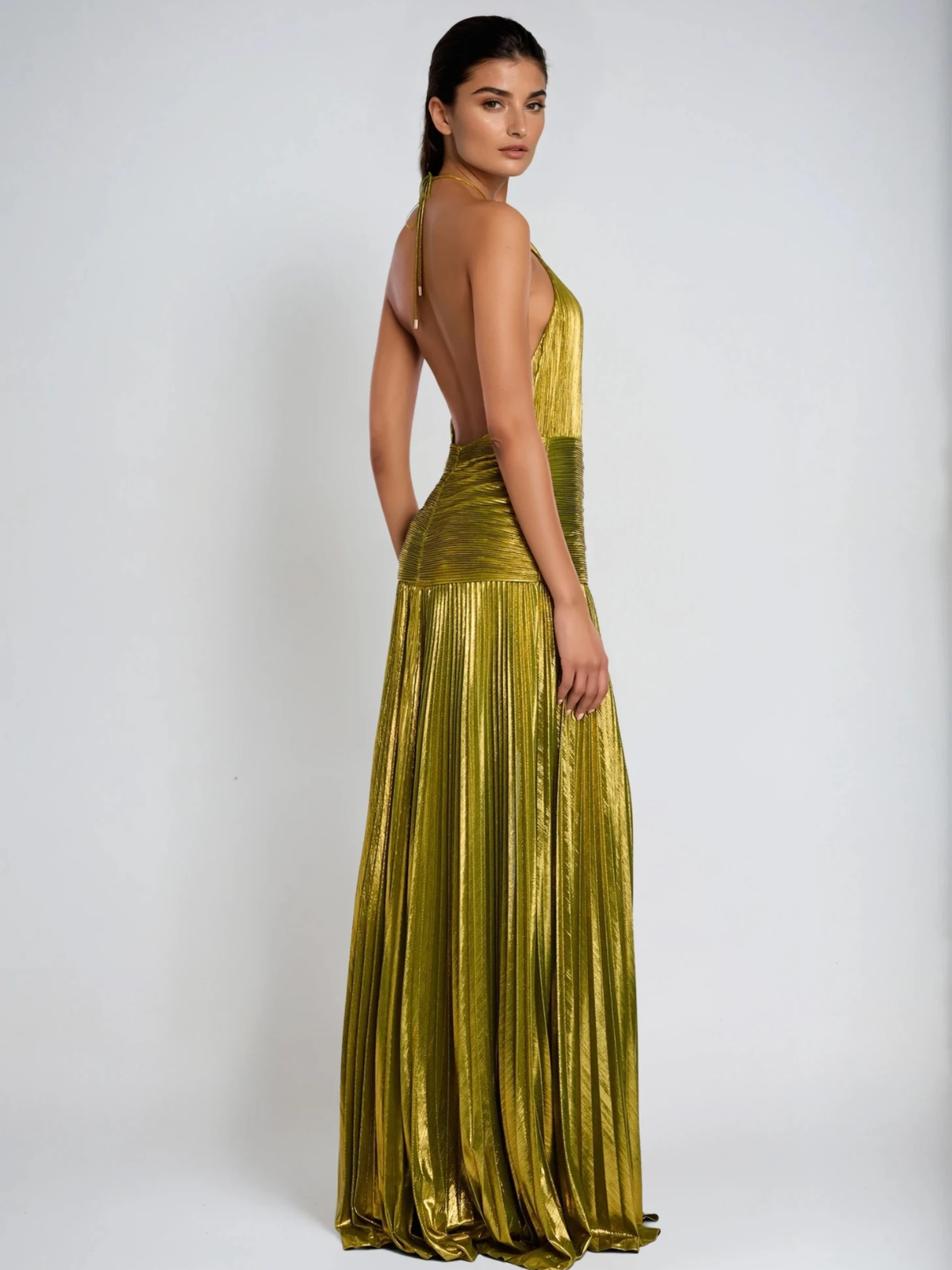 Syriona Halterneck Split Pleated Metallic Maxi Dress In Green