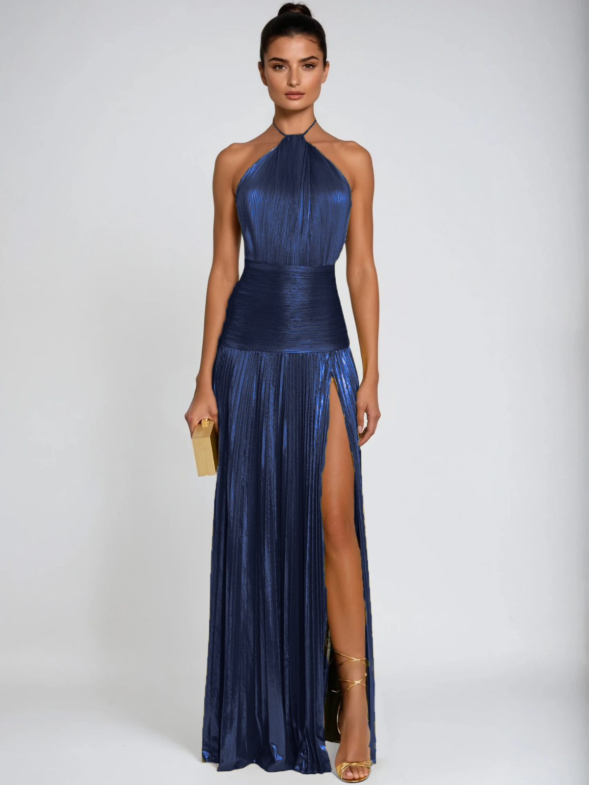 Syriona Halterneck Split Pleated Metallic Maxi Dress In Navy