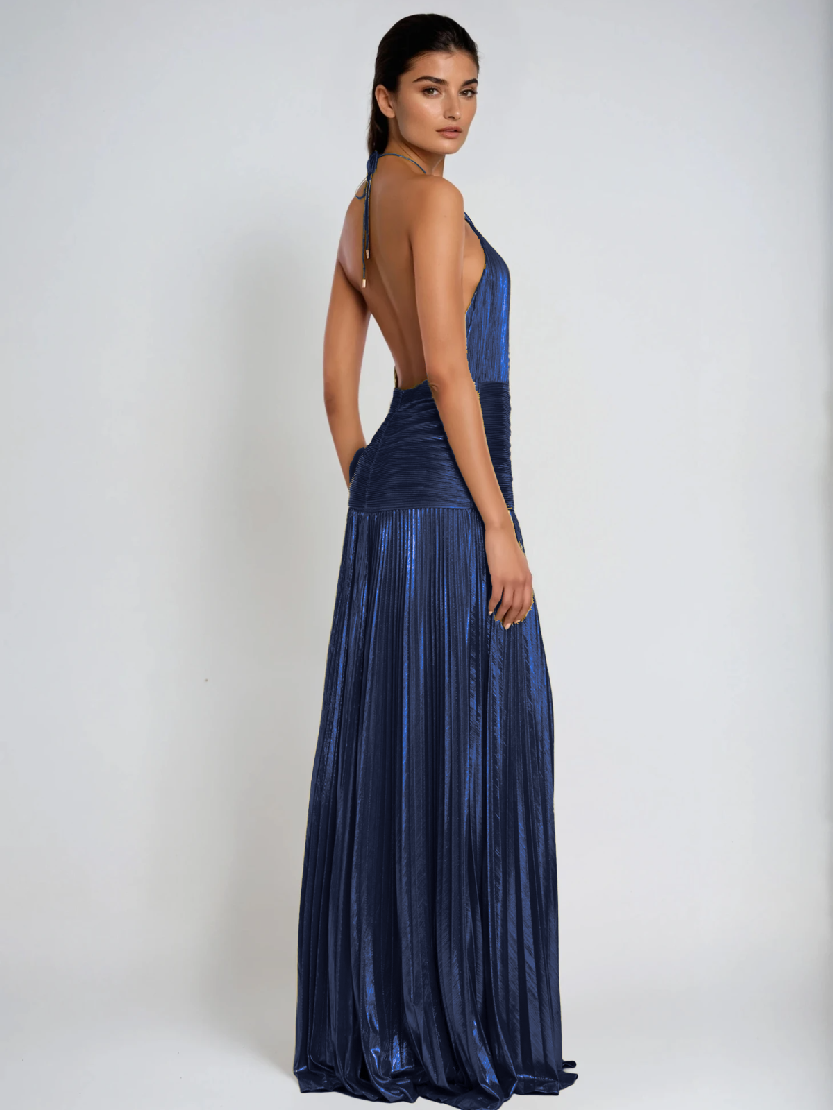 Syriona Halterneck Split Pleated Metallic Maxi Dress In Navy