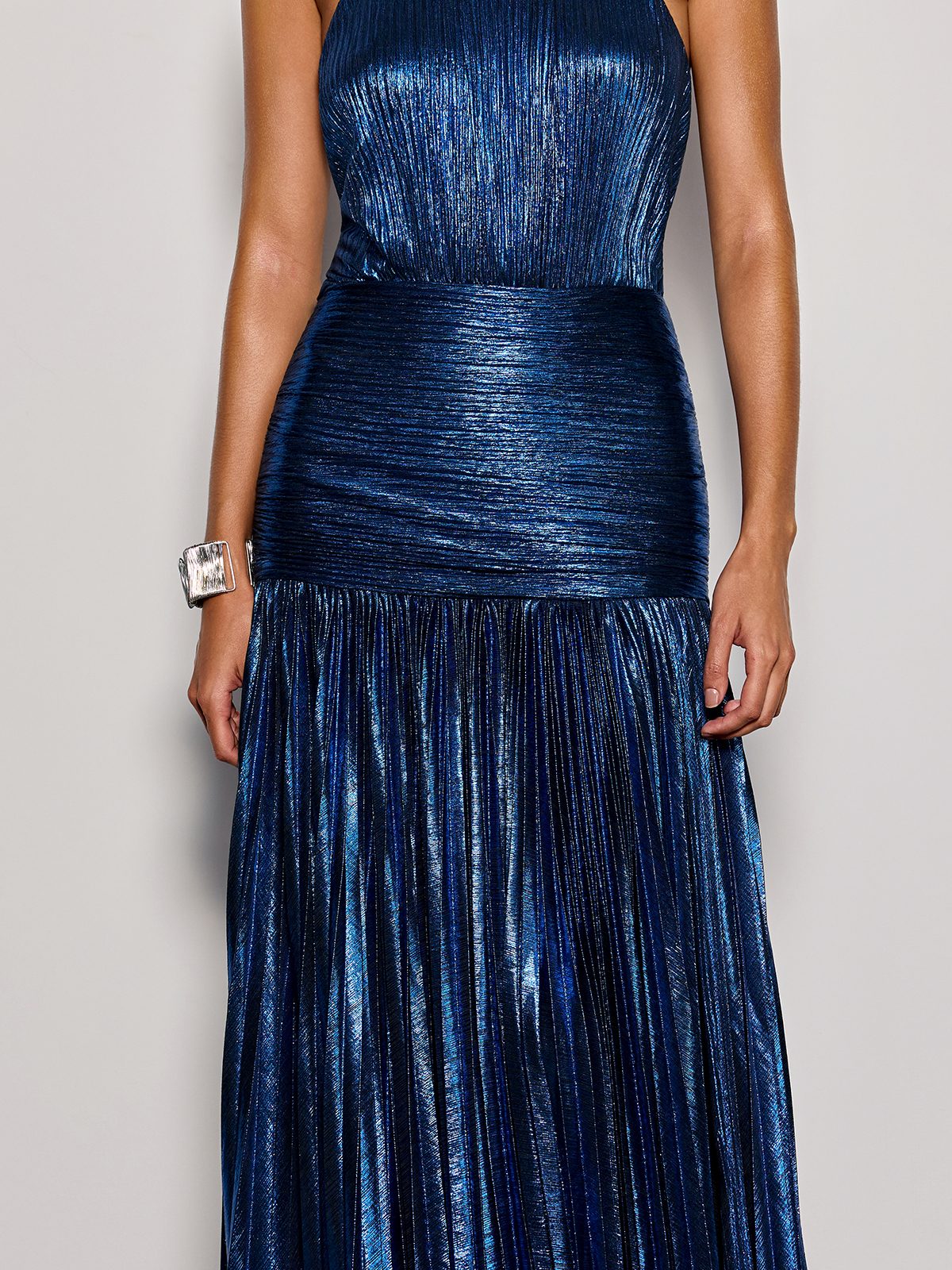 Syriona Halterneck Split Pleated Metallic Maxi Dress In Navy