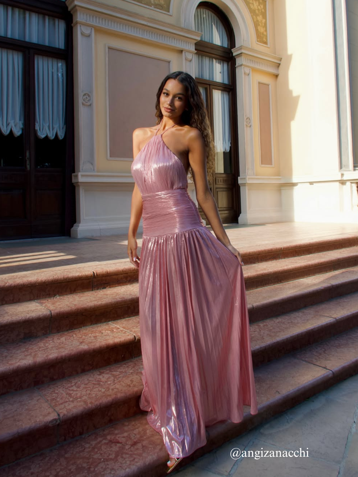 Syriona Halterneck Split Pleated Metallic Maxi Dress In Pink