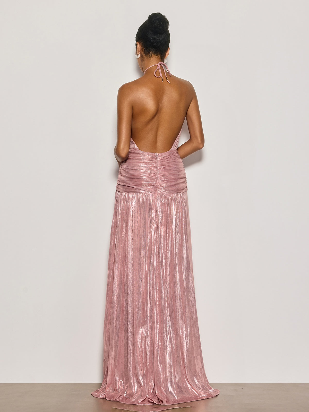 Syriona Halterneck Split Pleated Metallic Maxi Dress In Pink