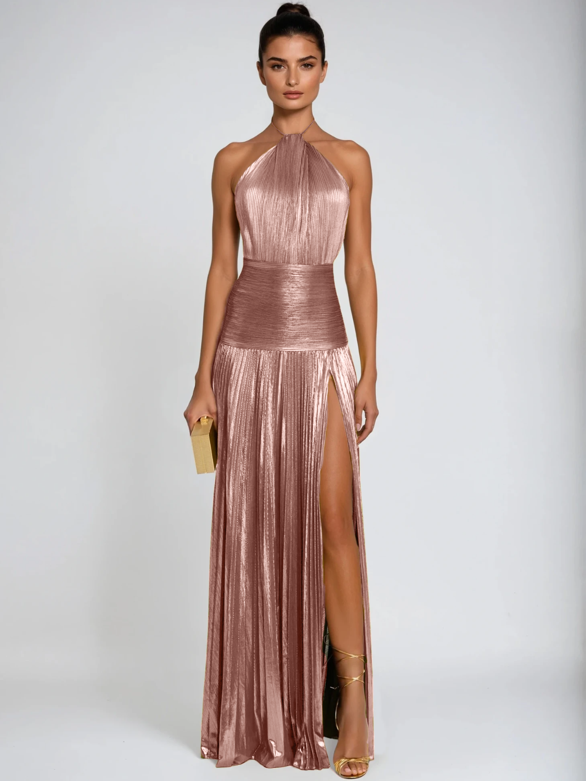 Syriona Halterneck Split Pleated Metallic Maxi Dress In Pink