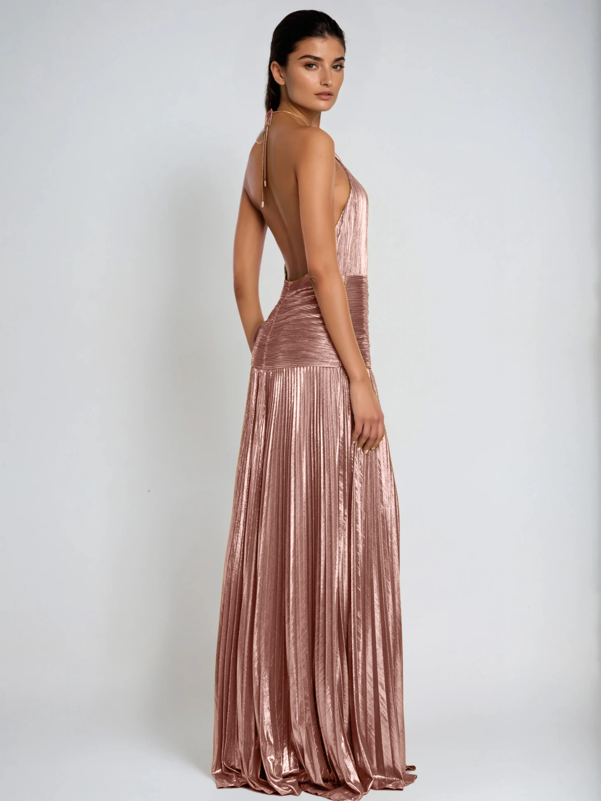 Syriona Halterneck Split Pleated Metallic Maxi Dress In Pink