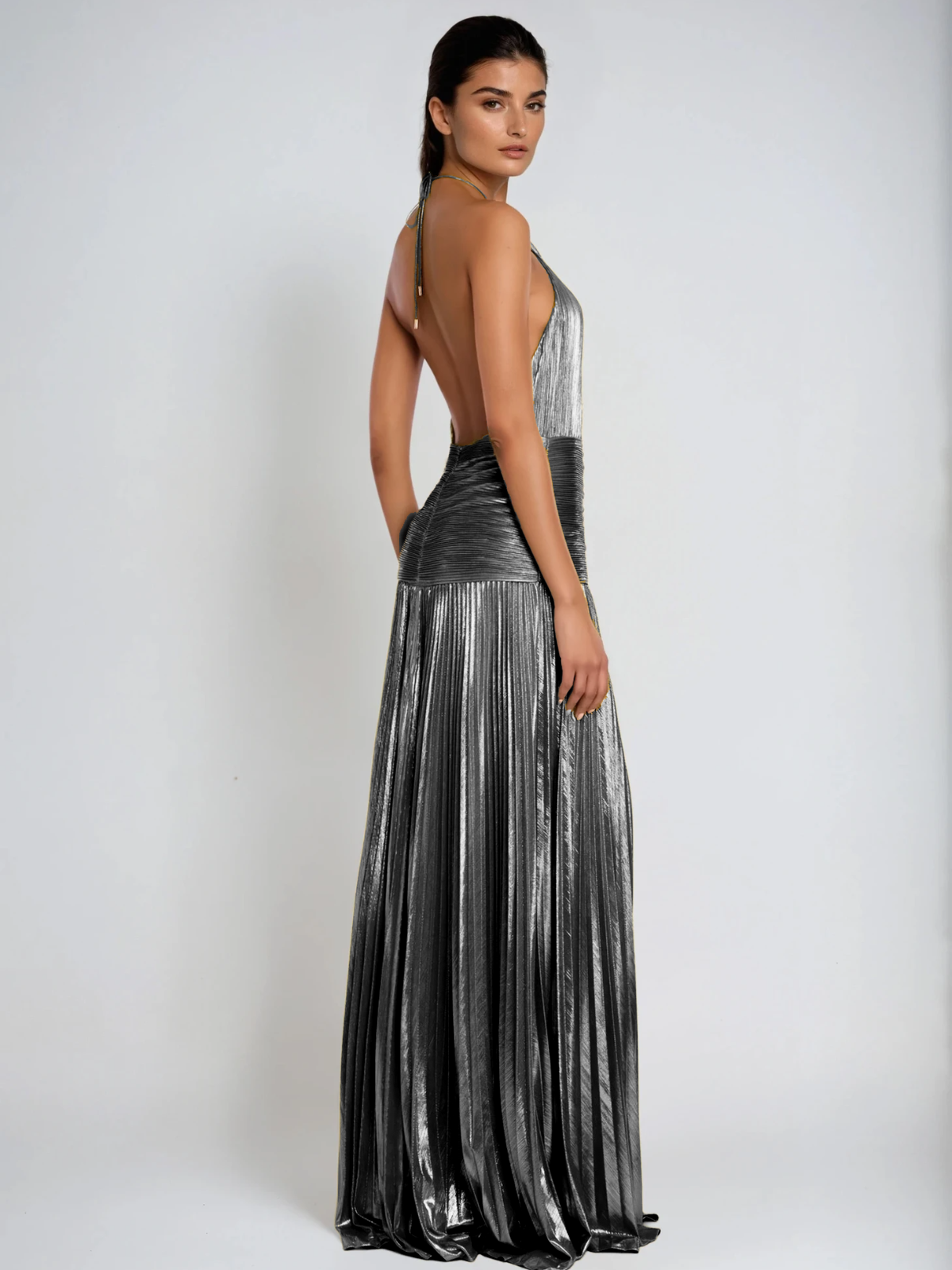 Syriona Halterneck Split Pleated Metallic Maxi Dress In Silver
