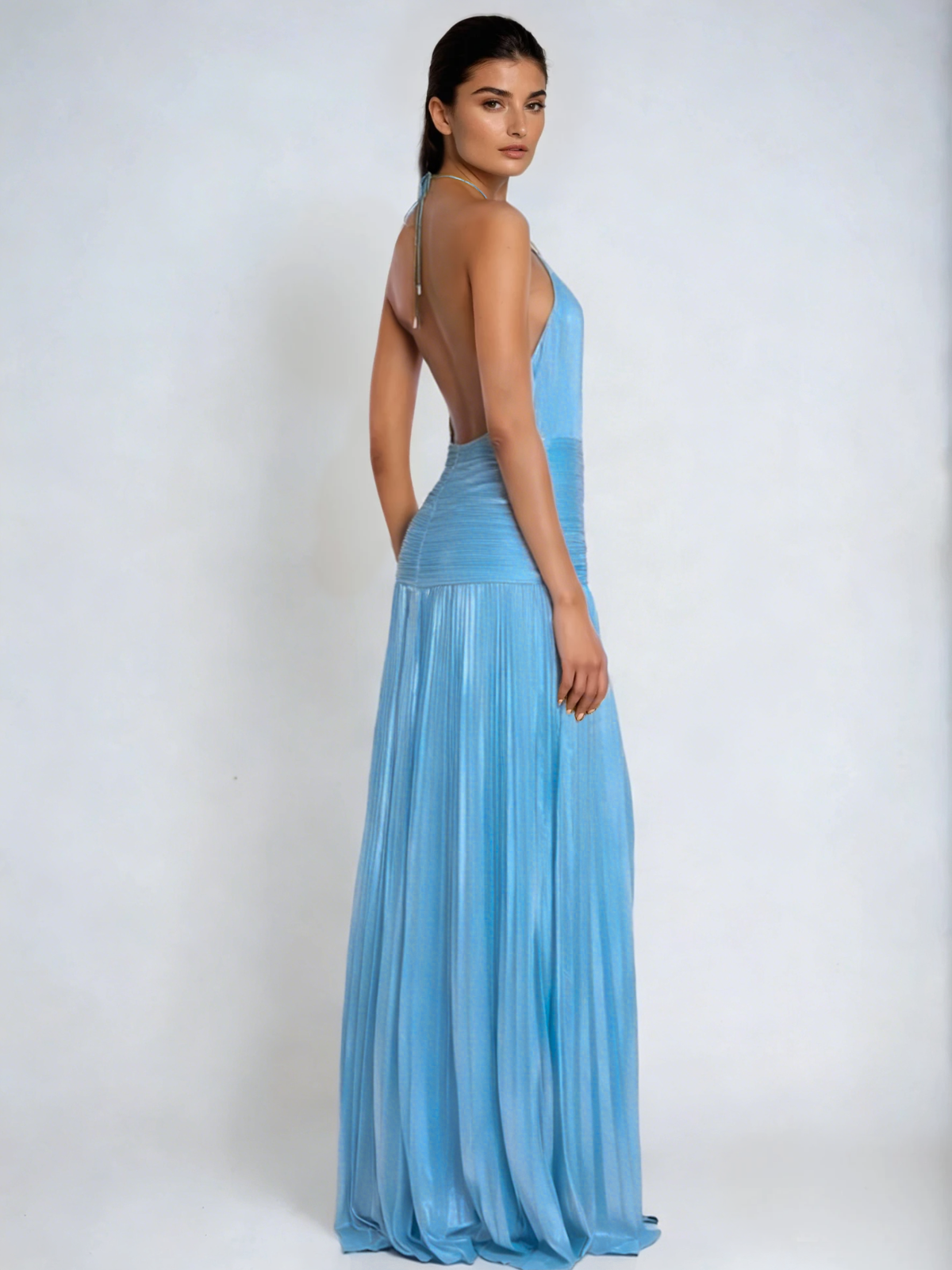 Syriona Halterneck Split Pleated Metallic Maxi Dress In Sky