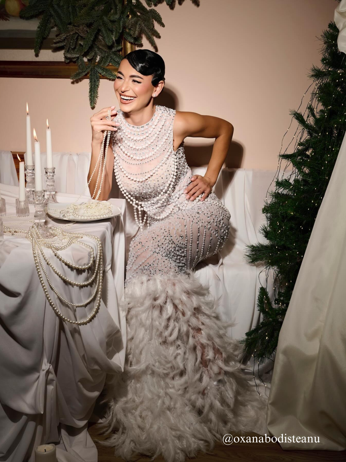 Taelyth Pearl Chain Feather Maxi Dress