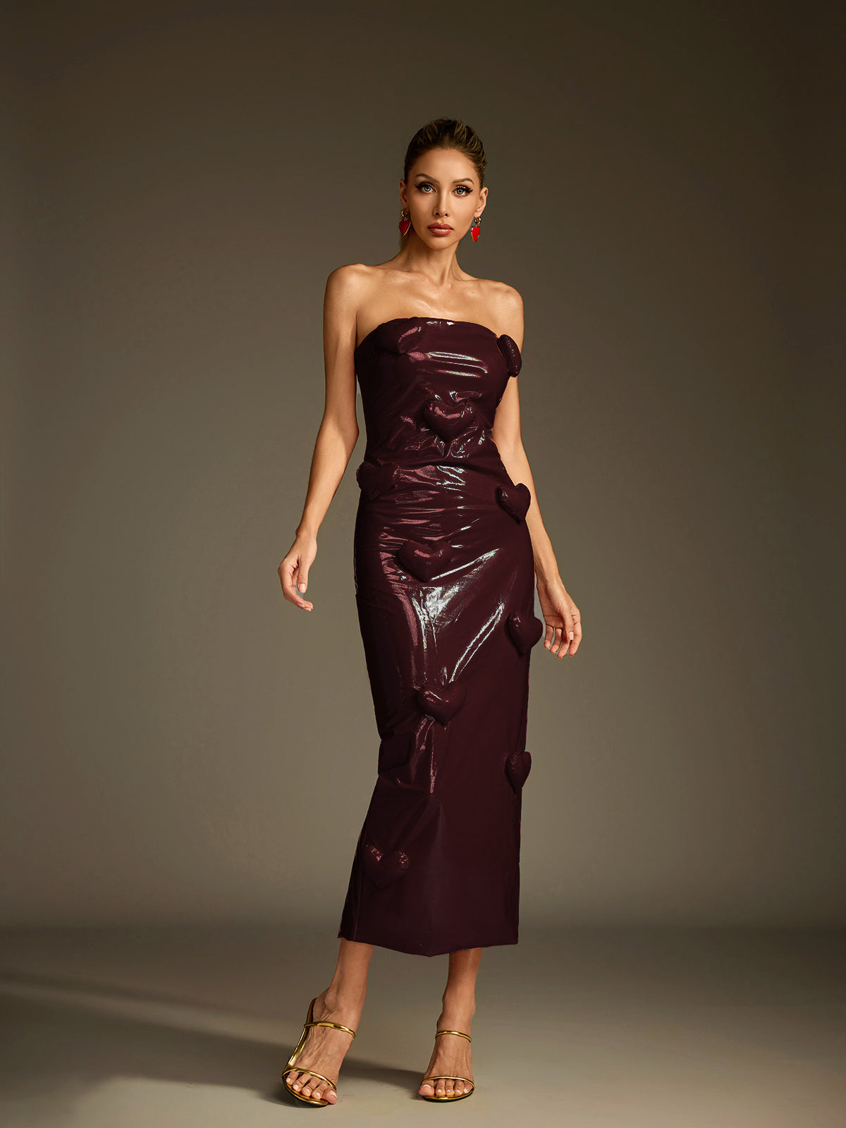 Taron Strapless Heart Leather Midi Dress In Wine