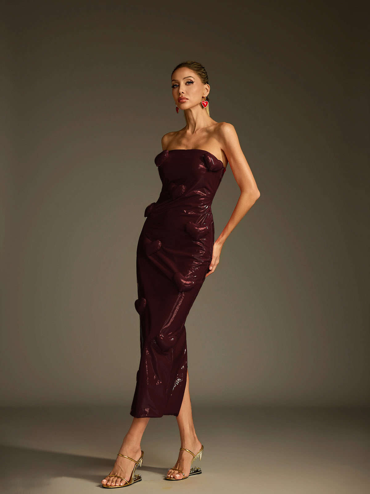 Taron Strapless Heart Leather Midi Dress In Wine