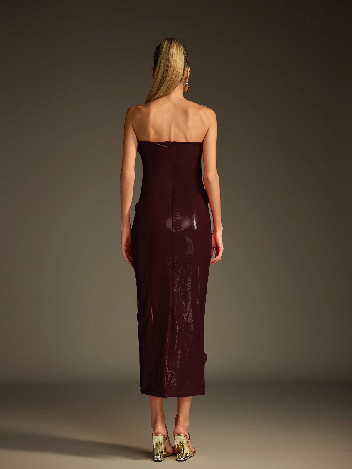 Taron Strapless Heart Leather Midi Dress In Wine