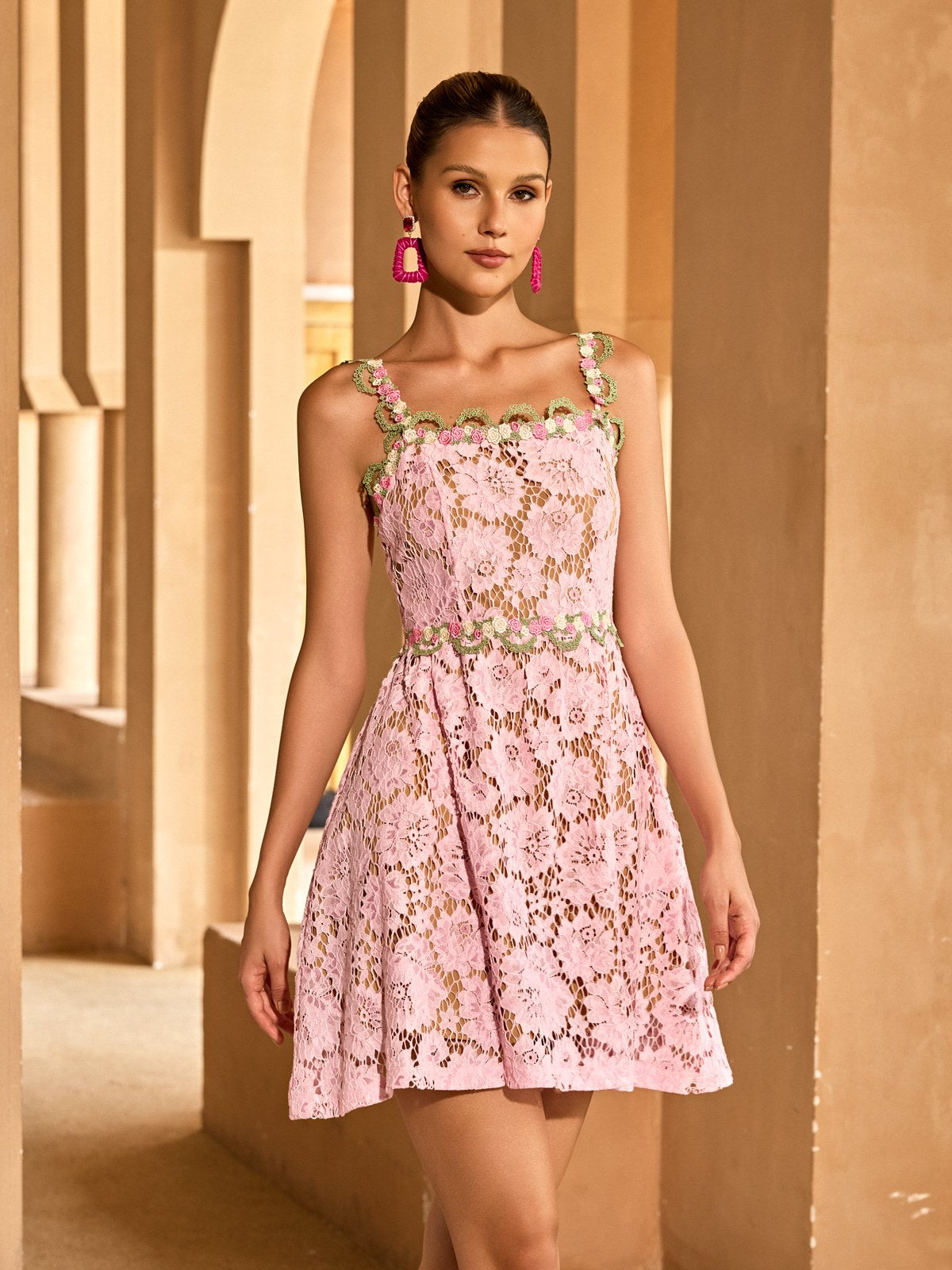 Tavon Flower Embroidered Mini Dress In Pink