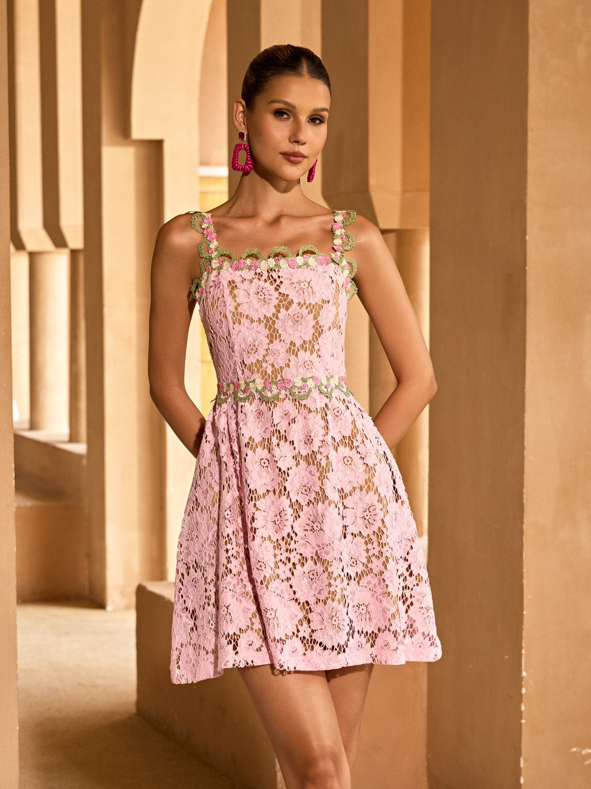 Tavon Flower Embroidered Mini Dress In Pink