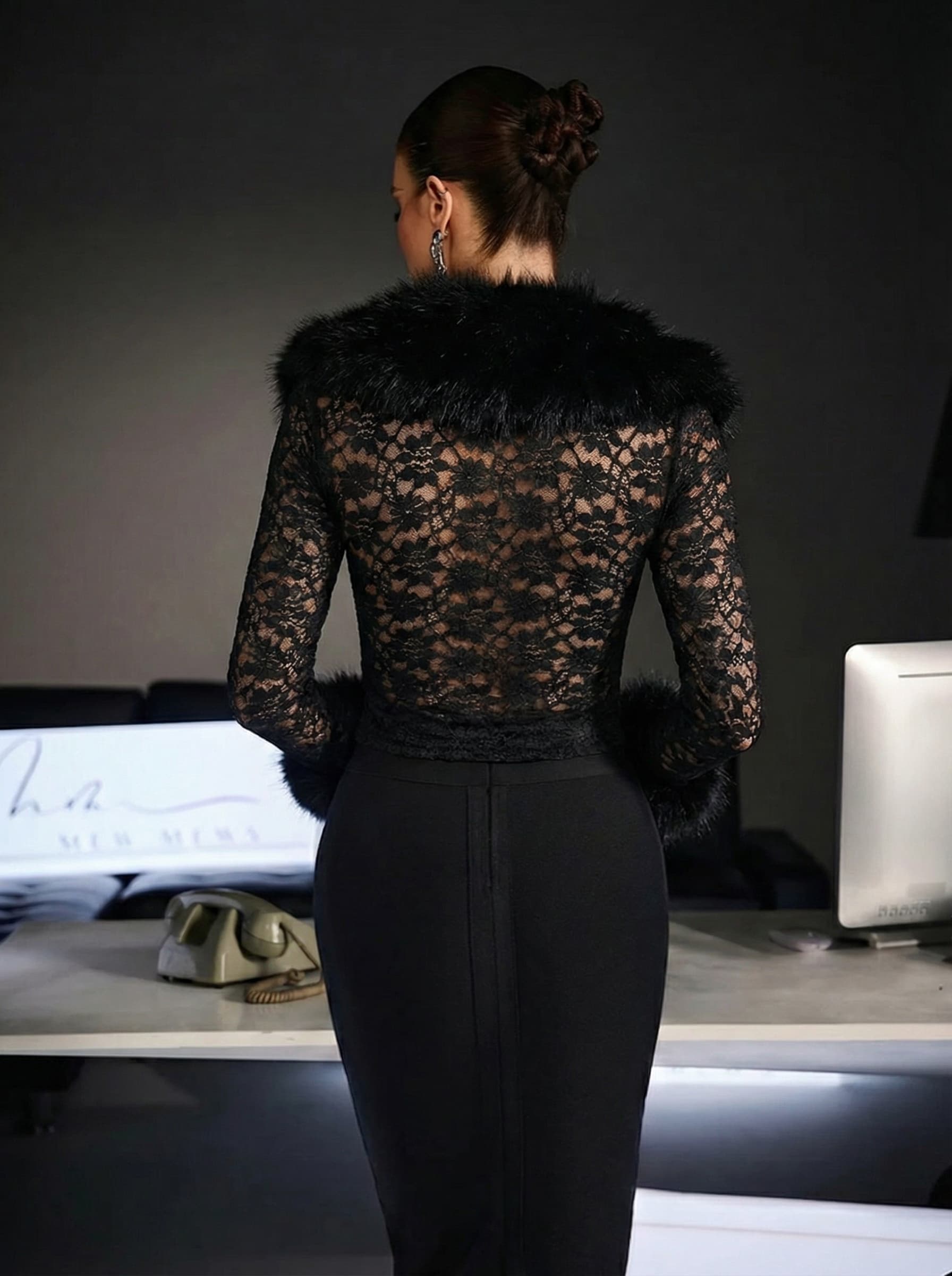Tavryn V Neck Lace Faux Fur Coat