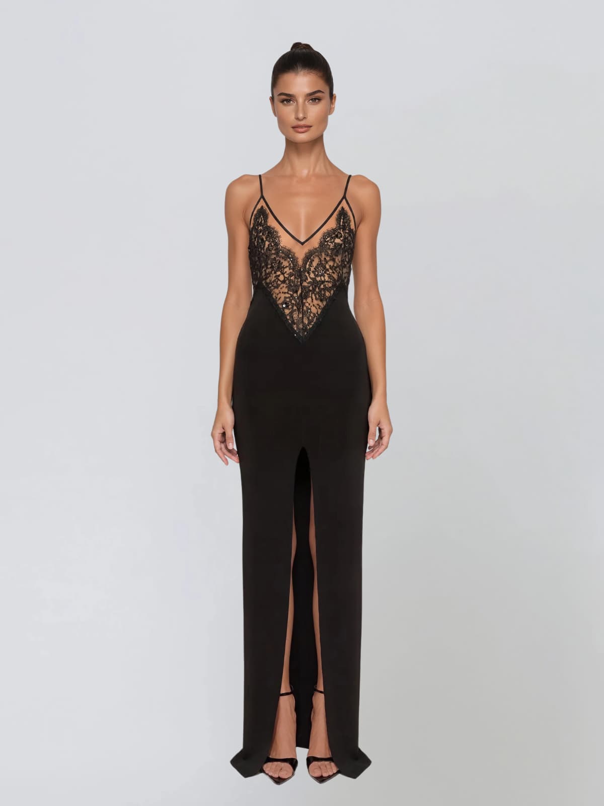 Telyxon Plunge Neck Split Lace Maxi Dress