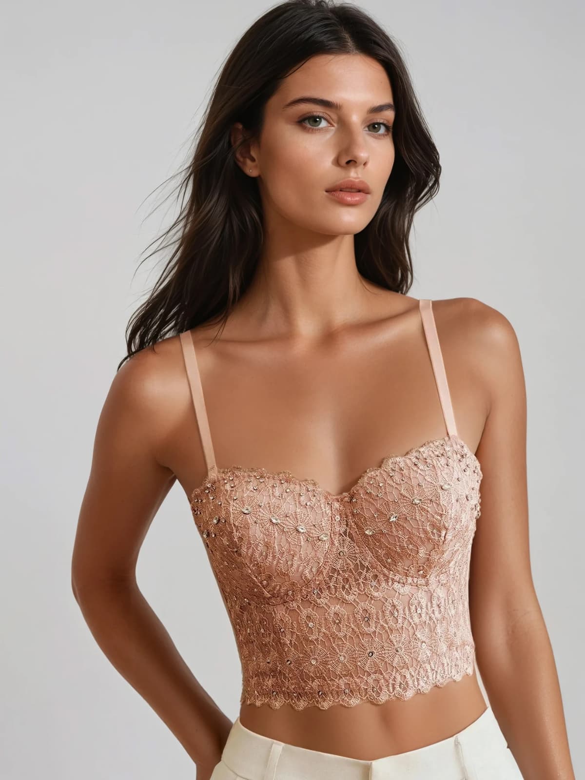 Tenvor Spaghetti Rhinestone Crop Top