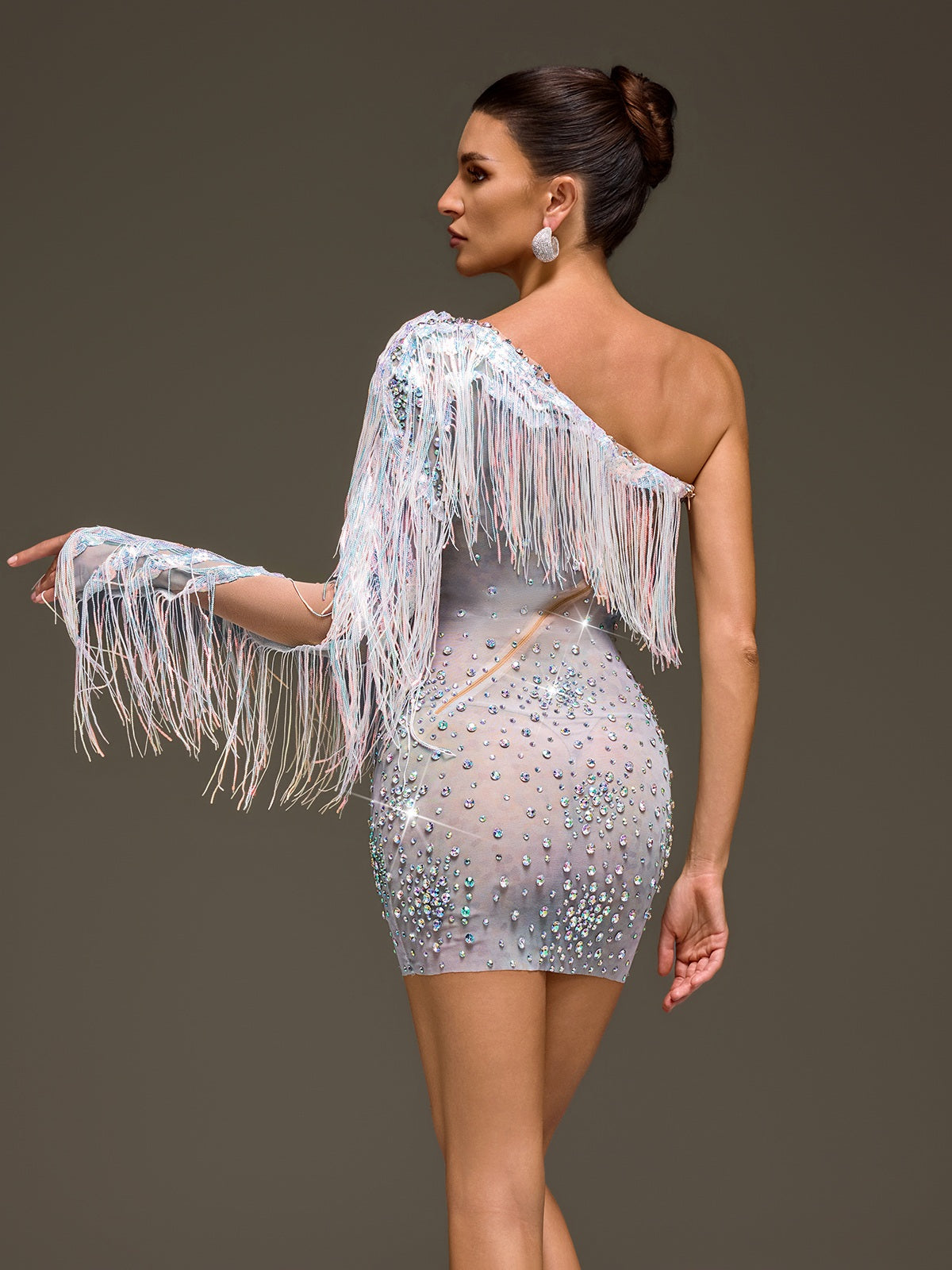Thalvex One Shoulder Crystal Mesh Dress