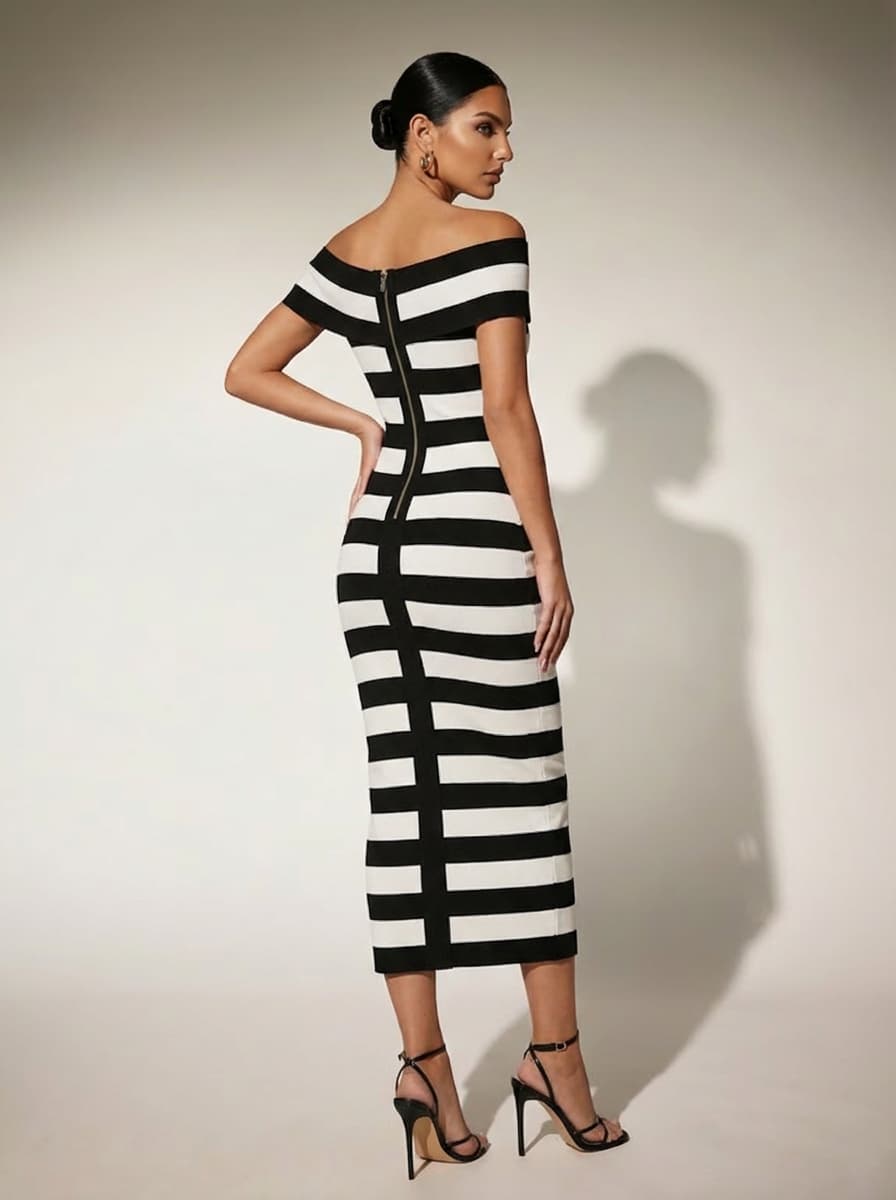 Thermohal Off Shoulder Stripe Midi Dress