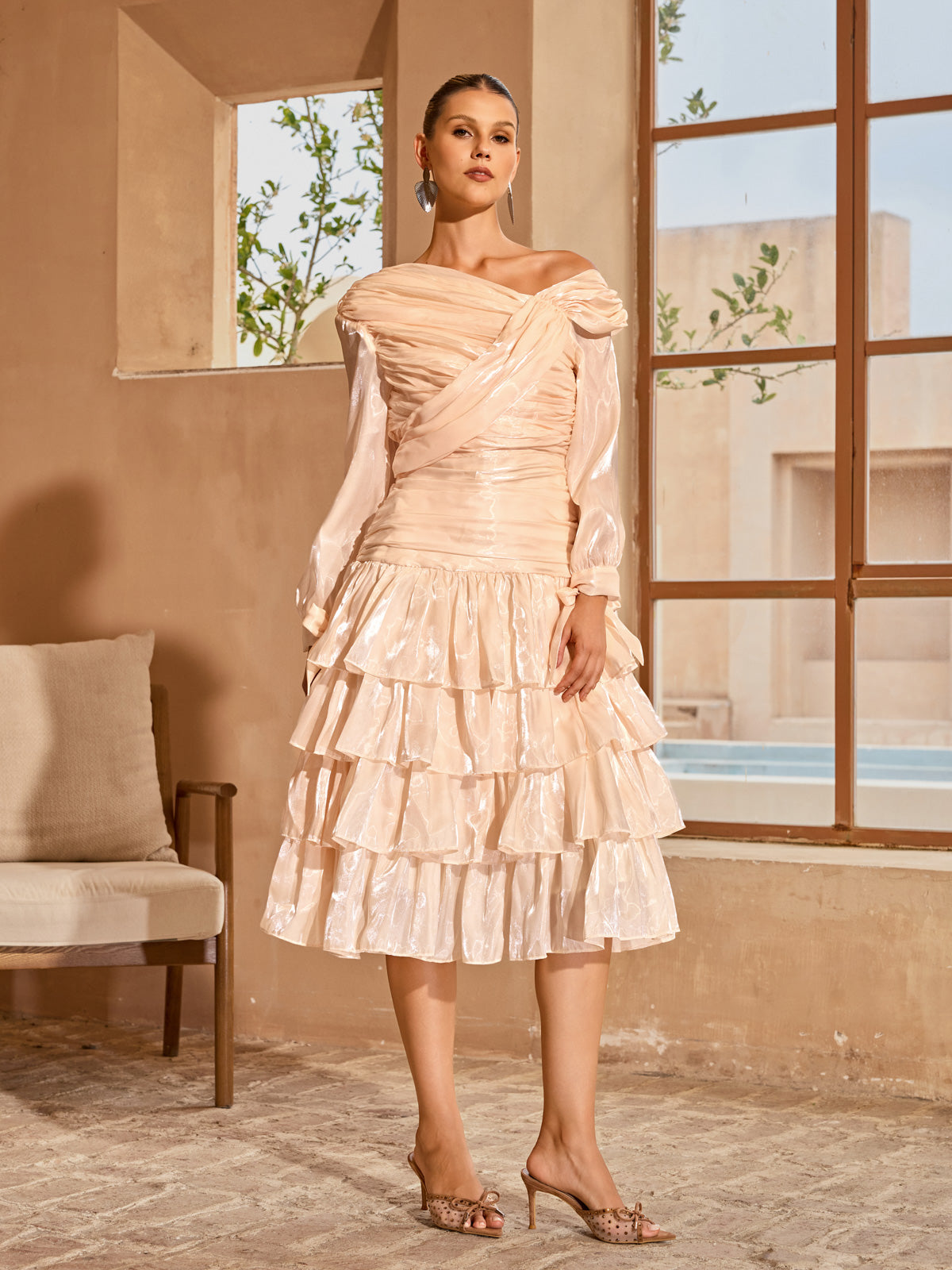 Tiven Ruched Tiered Midi Dress