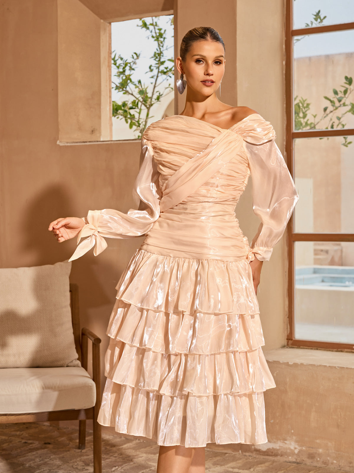 Tiven Ruched Tiered Midi Dress