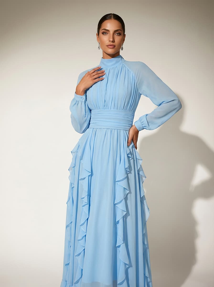 Topologon High Neck Lace Up Ruffle Maxi Dress