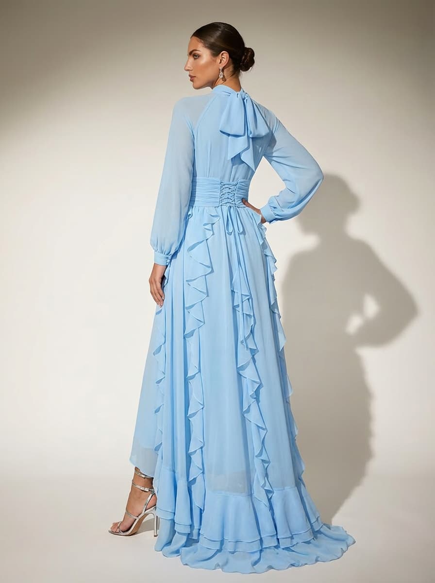 Topologon High Neck Lace Up Ruffle Maxi Dress