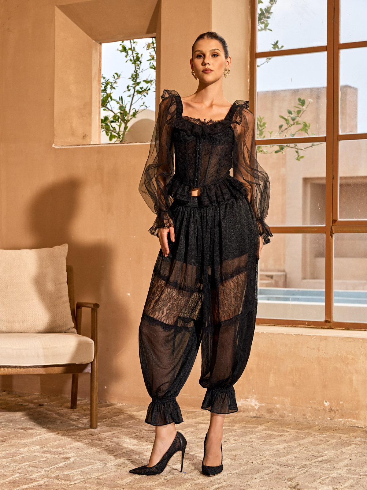 Torevyn Lace Mesh Ruffle Pants Set