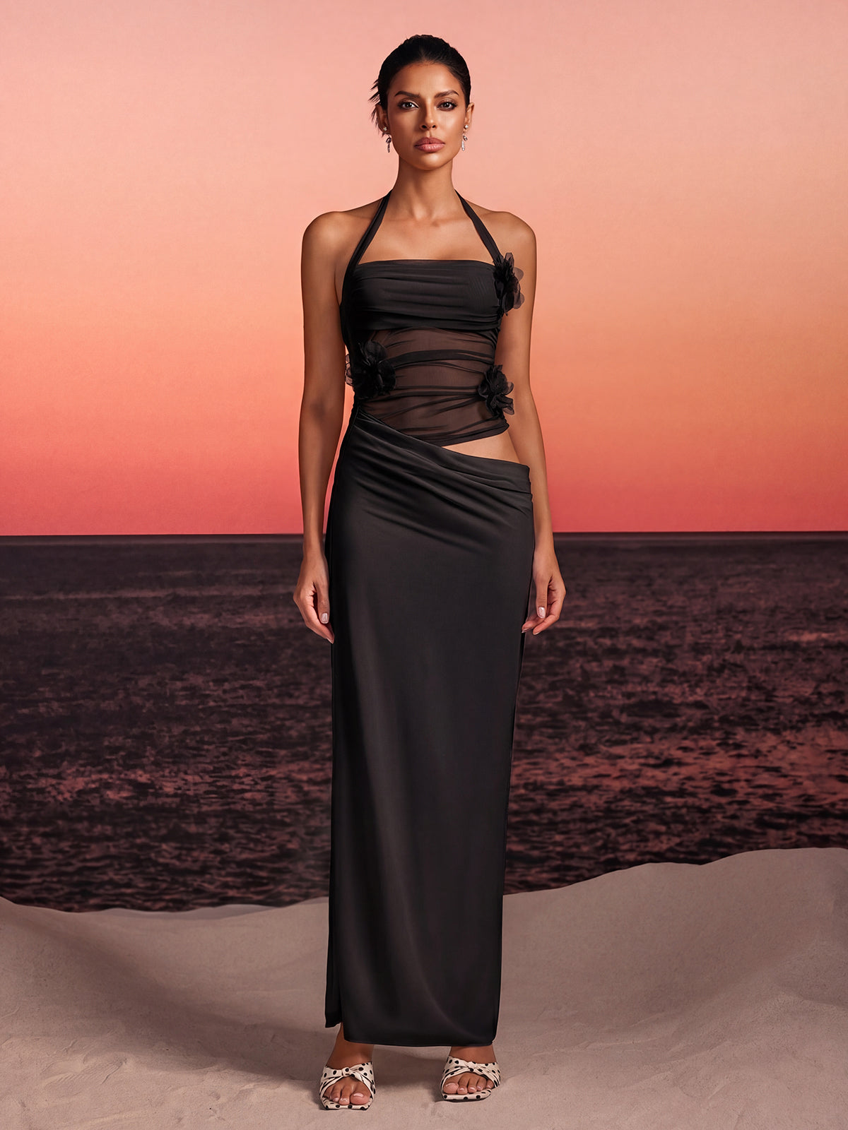 Torinex Halterneck Flower Maxi Dress In Black