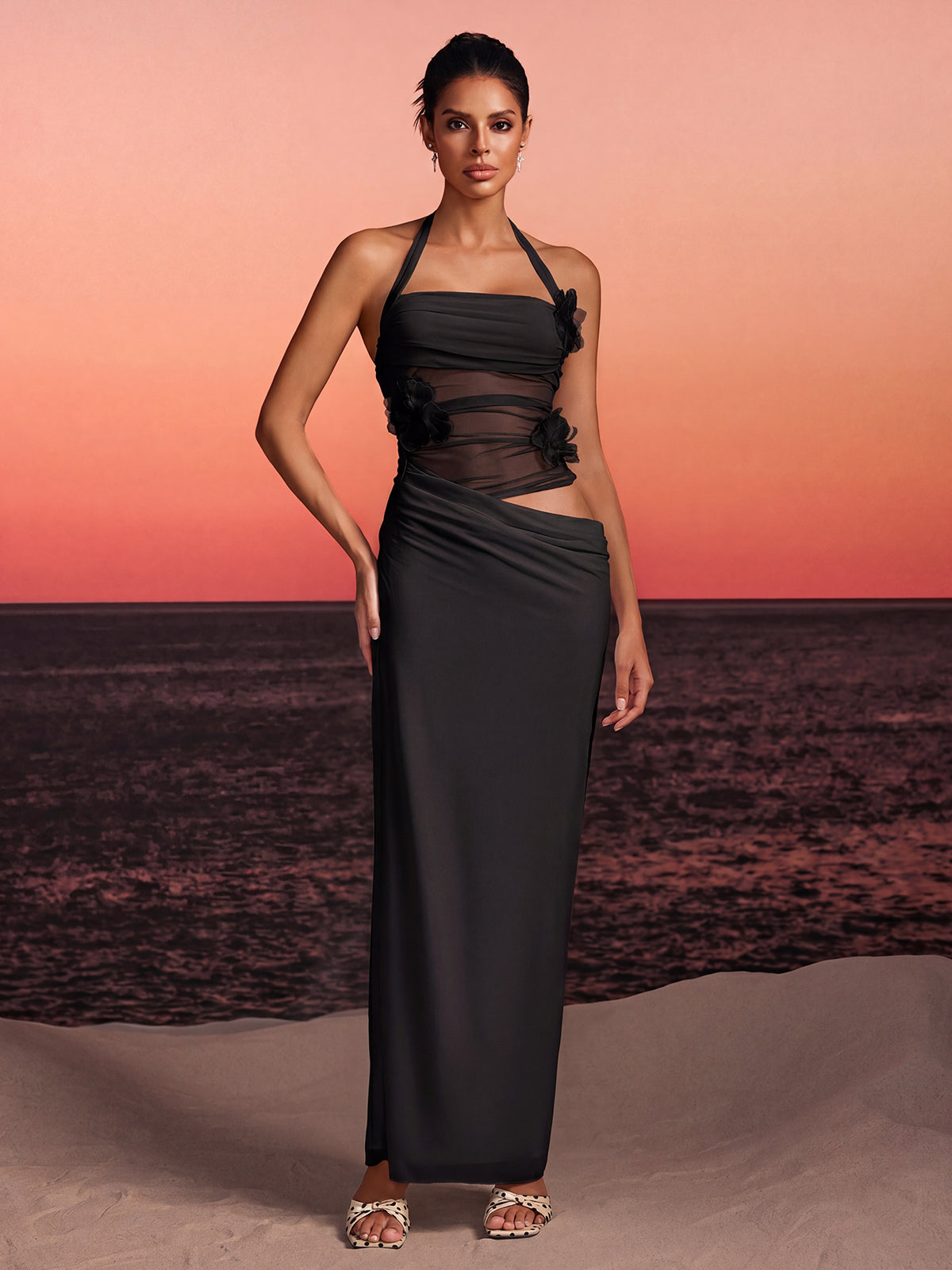 Torinex Halterneck Flower Maxi Dress In Black