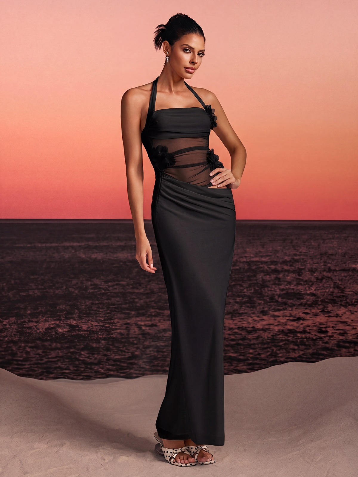 Torinex Halterneck Flower Maxi Dress In Black
