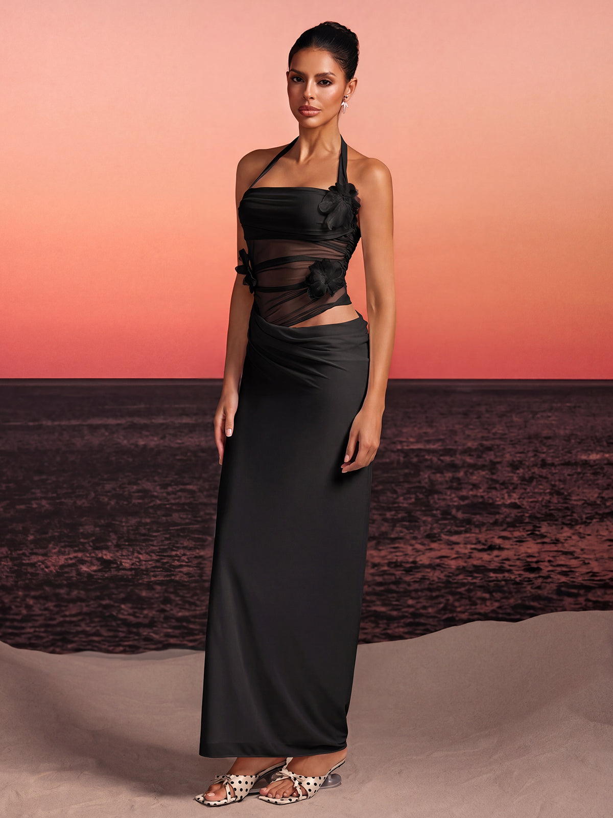 Torinex Halterneck Flower Maxi Dress In Black